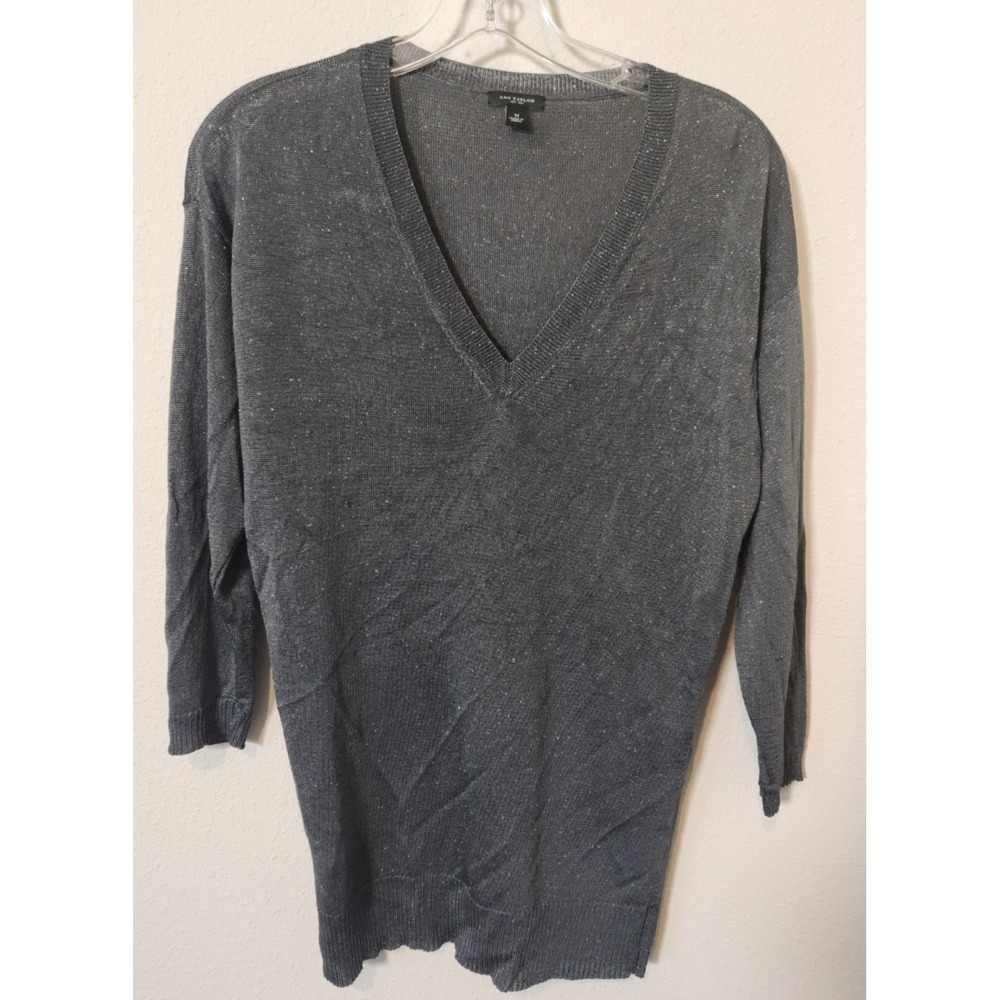 Ann Taylor Metallic Gray V-Neck 3/4 Sleeve Lightweight Sweater Medium Holiday‎